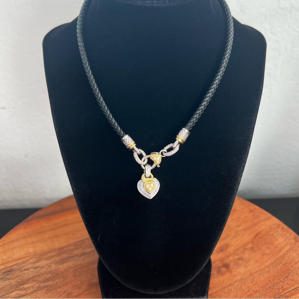 Judith Ripka JR TWO Sterling Silver 18K Diamond Leather Cord Necklace 15 3/4” - Picture 8 of 11